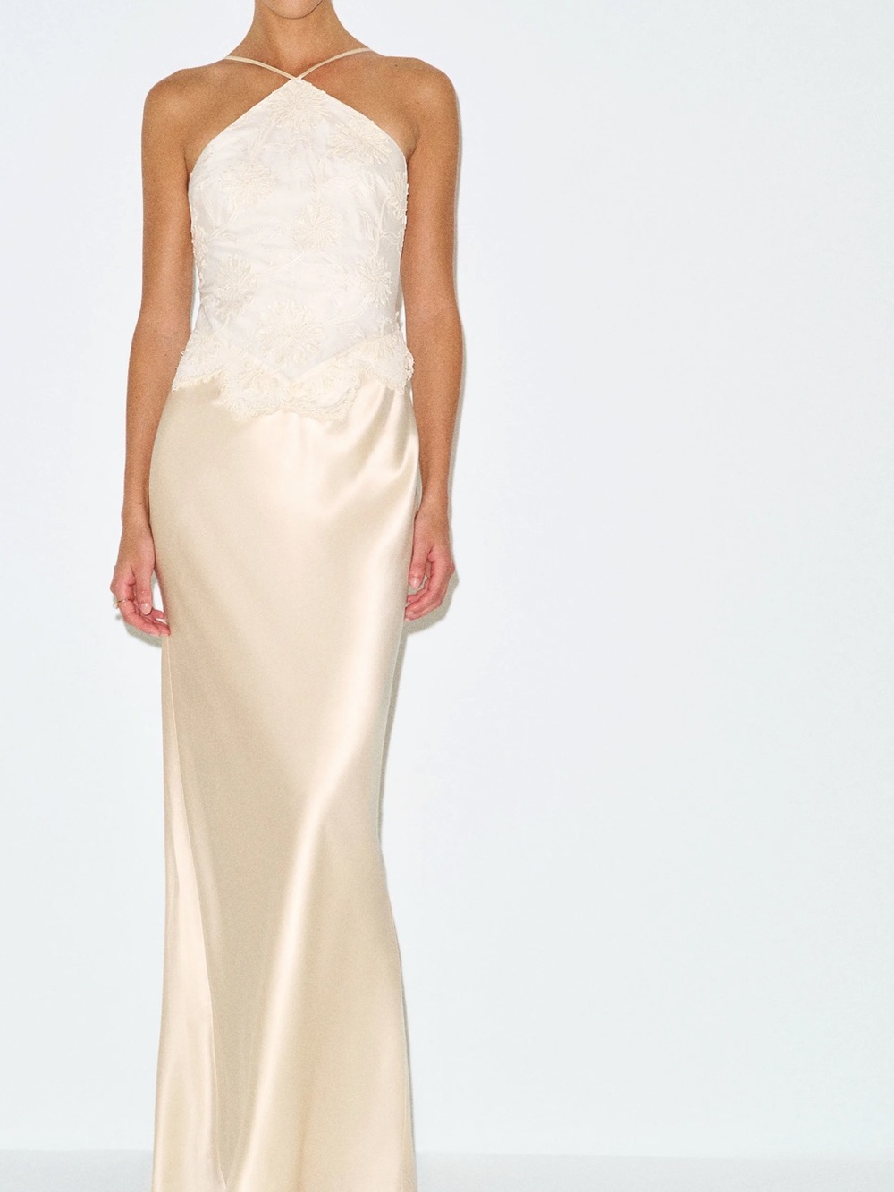 Elegant Cream Satin Slip Dress with Lace Bodice